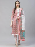 Jompers Women's Pink & White Ethnic Motifs Printed Pure Cotton Kurta with Trousers & Dupatta