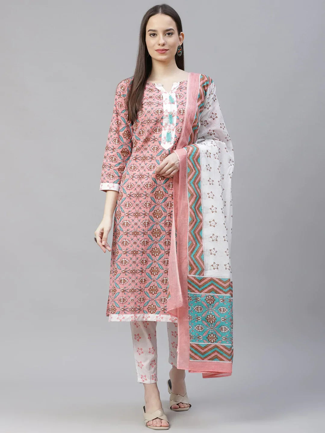 Jompers Women's Pink & White Ethnic Motifs Printed Pure Cotton Kurta with Trousers & Dupatta
