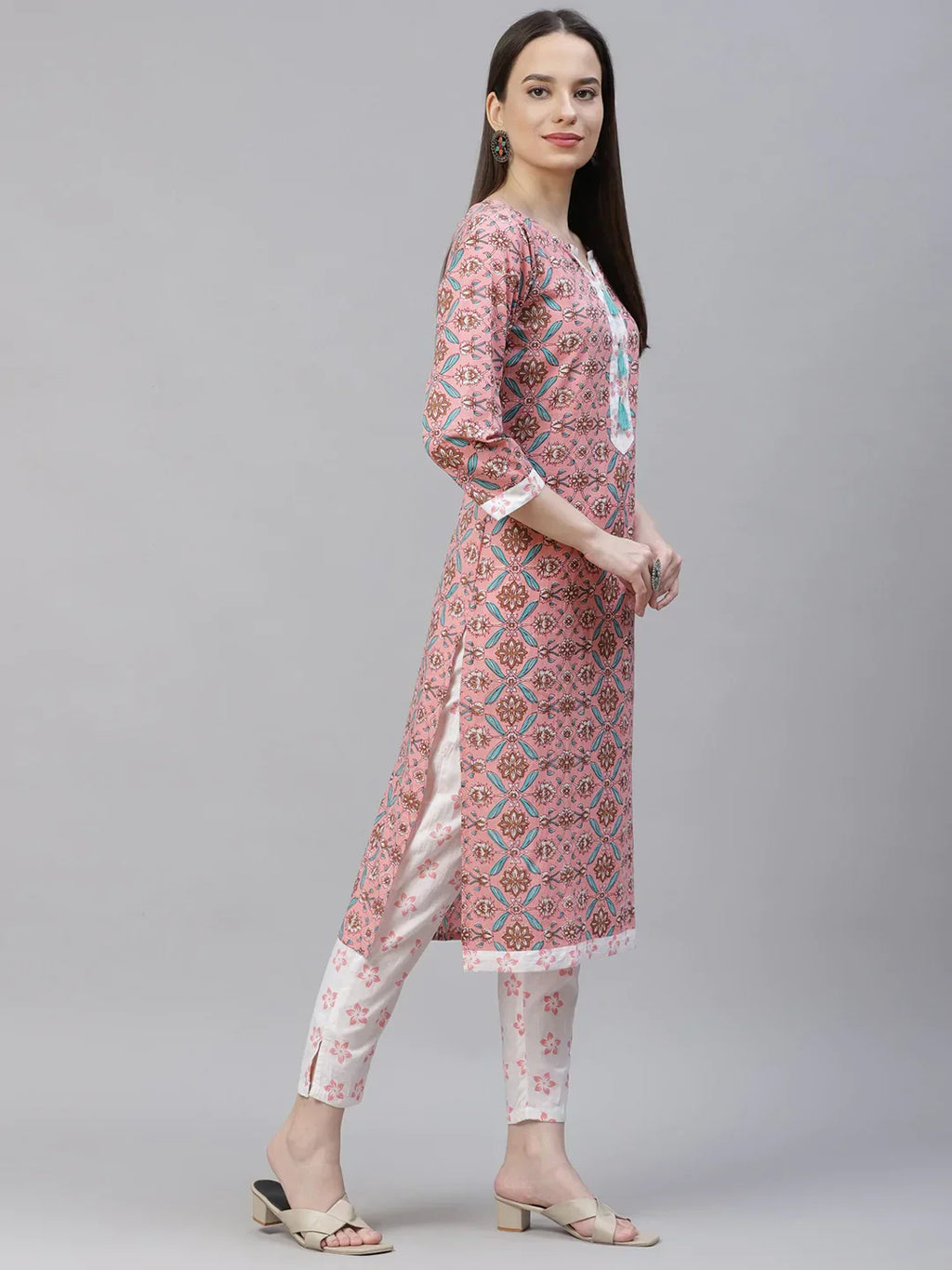 Jompers Women's Pink & White Ethnic Motifs Printed Pure Cotton Kurta with Trousers & Dupatta