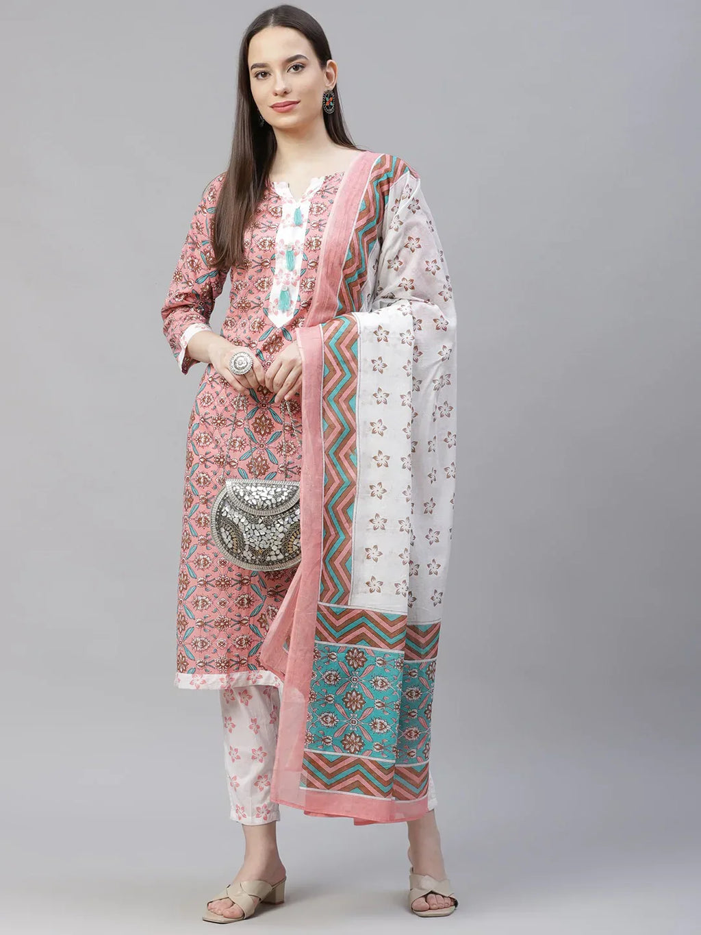 Jompers Women's Pink & White Ethnic Motifs Printed Pure Cotton Kurta with Trousers & Dupatta