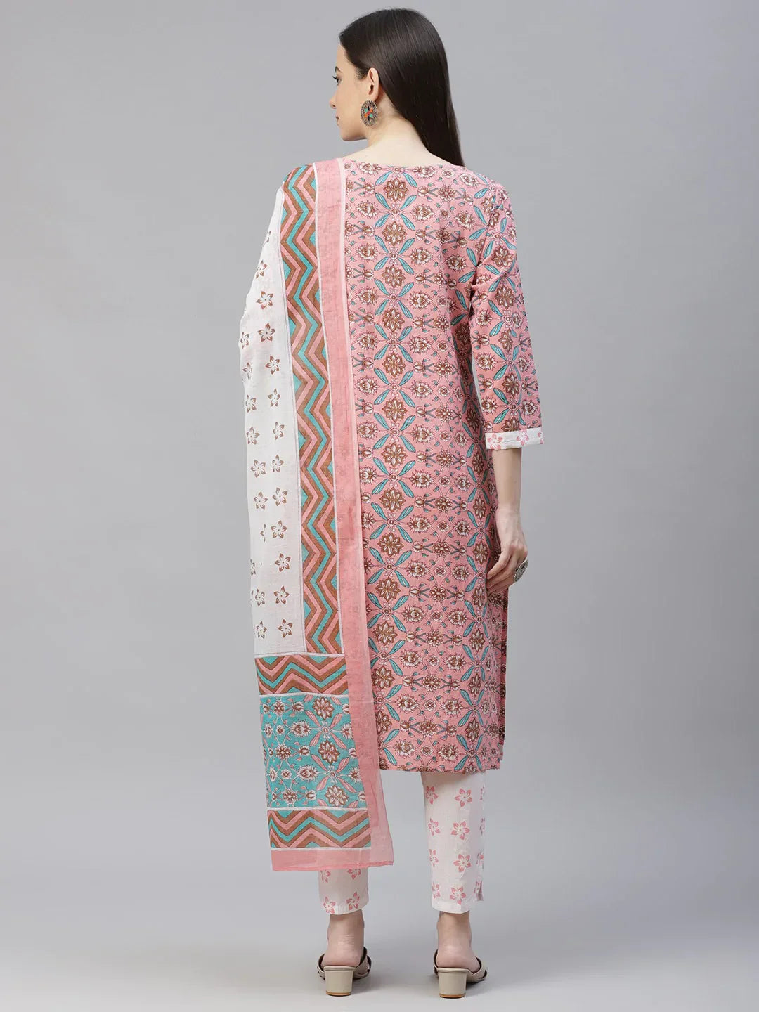 Jompers Women's Pink & White Ethnic Motifs Printed Pure Cotton Kurta with Trousers & Dupatta