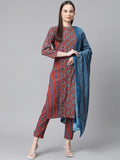 Jompers Women's Maroon & Blue Printed Regular Pure Cotton Kurta with Trousers & With Dupatta