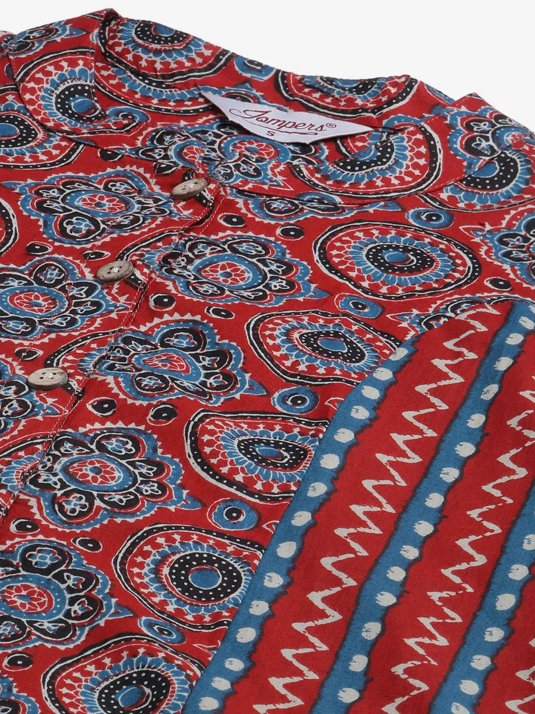 Jompers Women's Maroon & Blue Printed Regular Pure Cotton Kurta with Trousers & With Dupatta