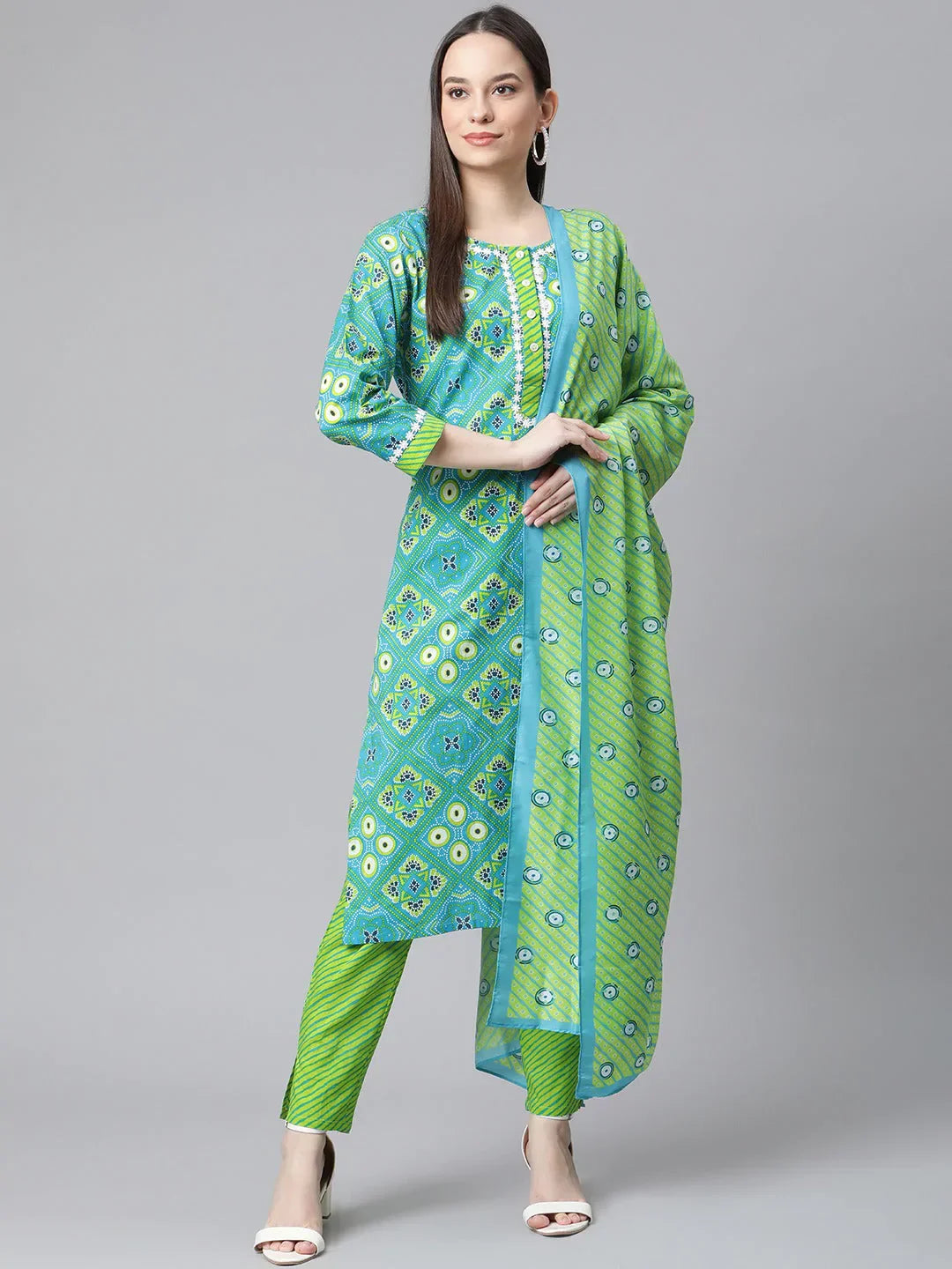 Jompers Women's Blue & Green Ethnic Motifs Printed Pure Cotton Kurta With Trousers & Dupatta