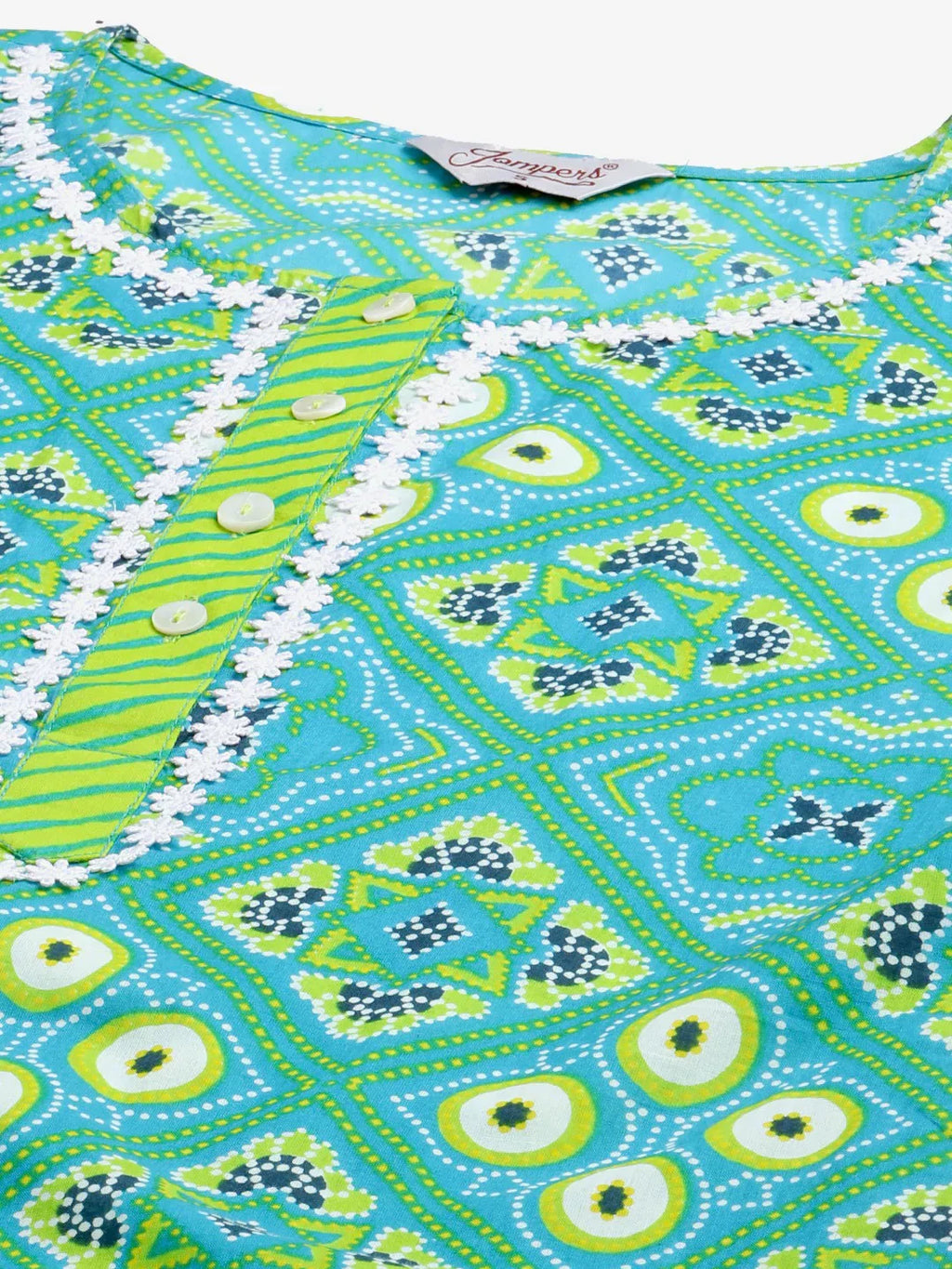Jompers Women's Blue & Green Ethnic Motifs Printed Pure Cotton Kurta With Trousers & Dupatta