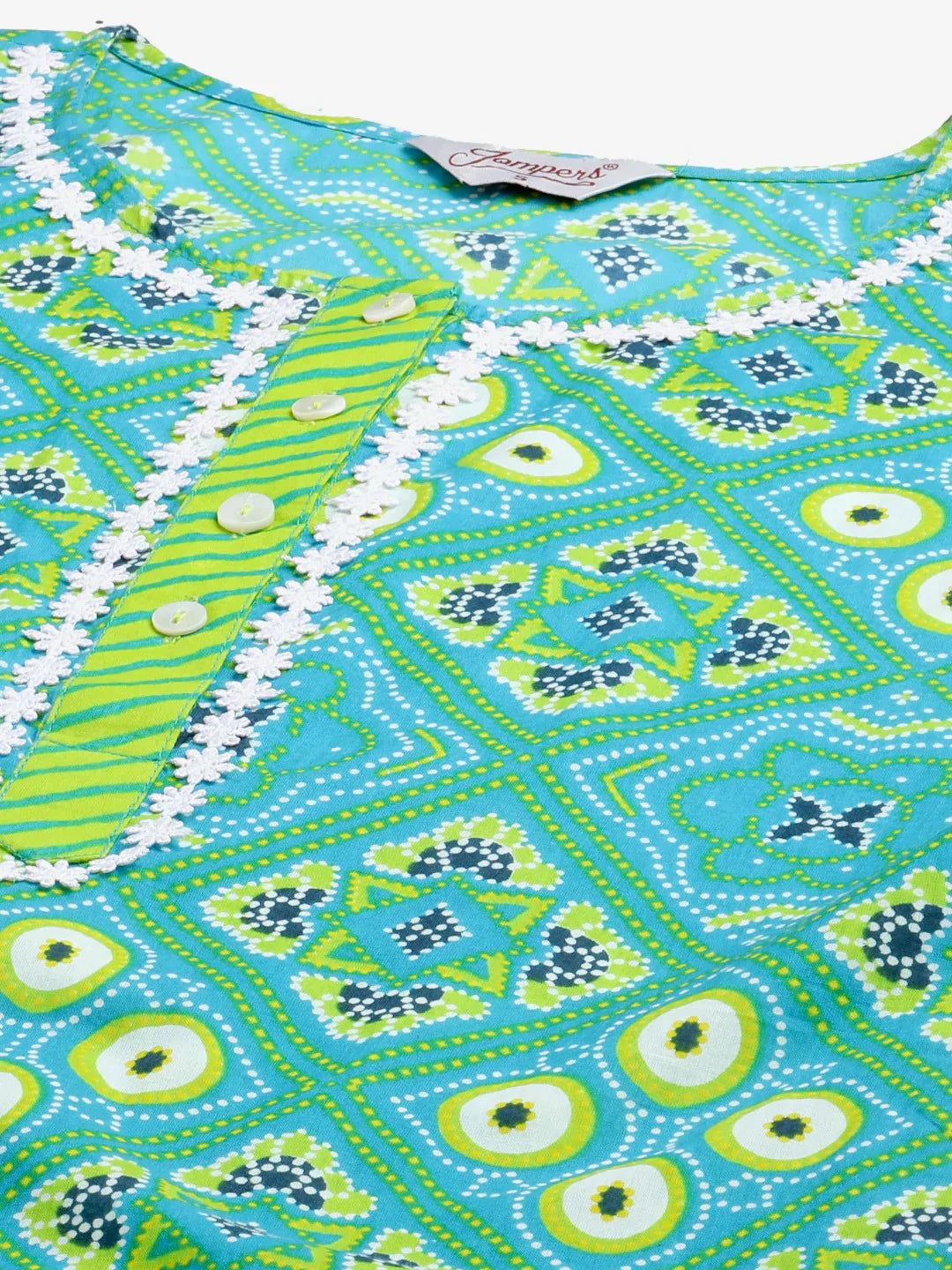 Jompers Women's Blue & Green Ethnic Motifs Printed Pure Cotton Kurta With Trousers & Dupatta
