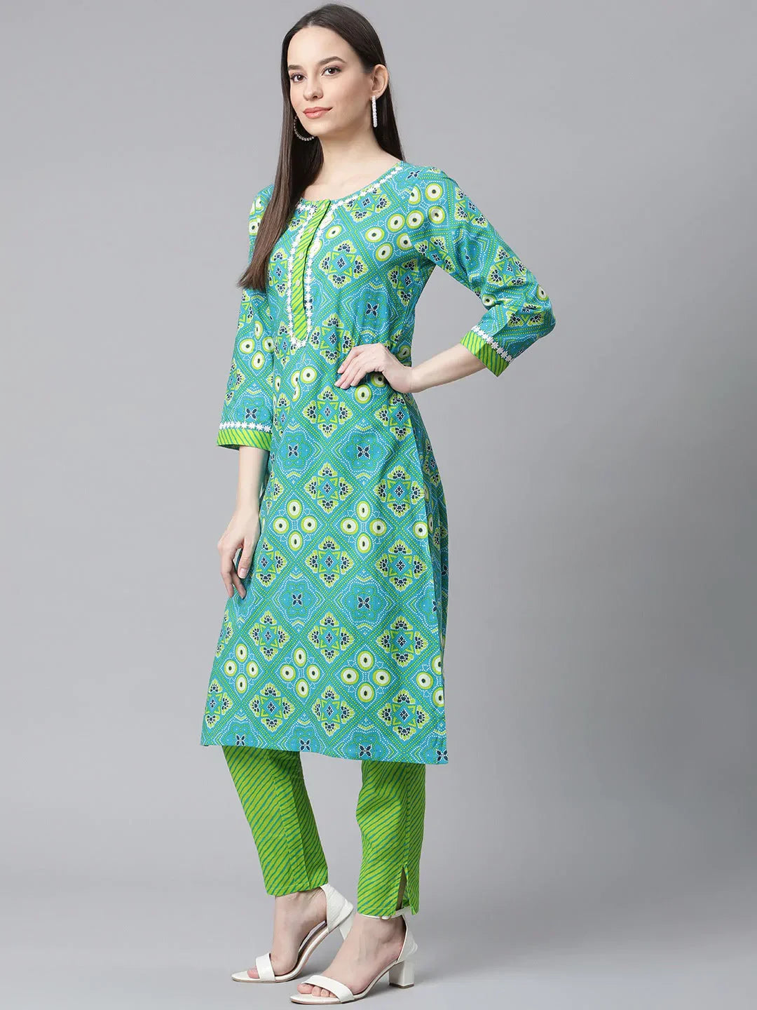 Jompers Women's Blue & Green Ethnic Motifs Printed Pure Cotton Kurta With Trousers & Dupatta