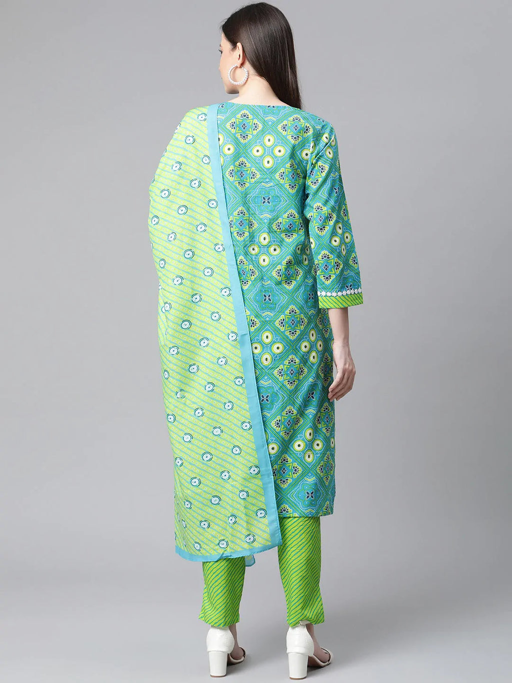 Jompers Women's Blue & Green Ethnic Motifs Printed Pure Cotton Kurta With Trousers & Dupatta