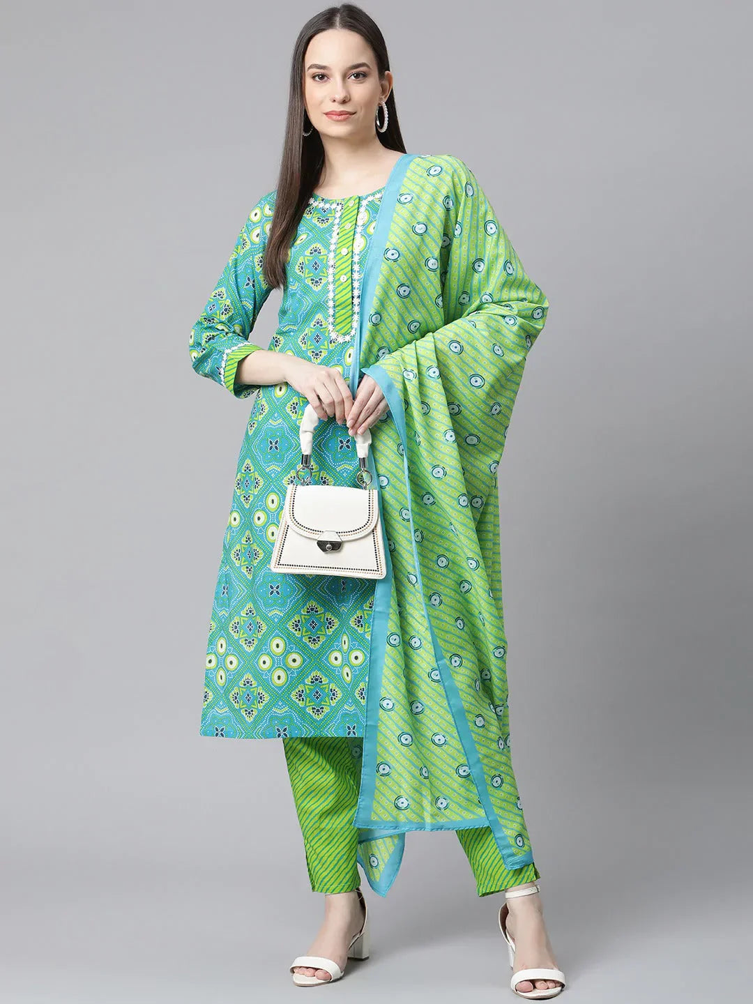 Jompers Women's Blue & Green Ethnic Motifs Printed Pure Cotton Kurta With Trousers & Dupatta