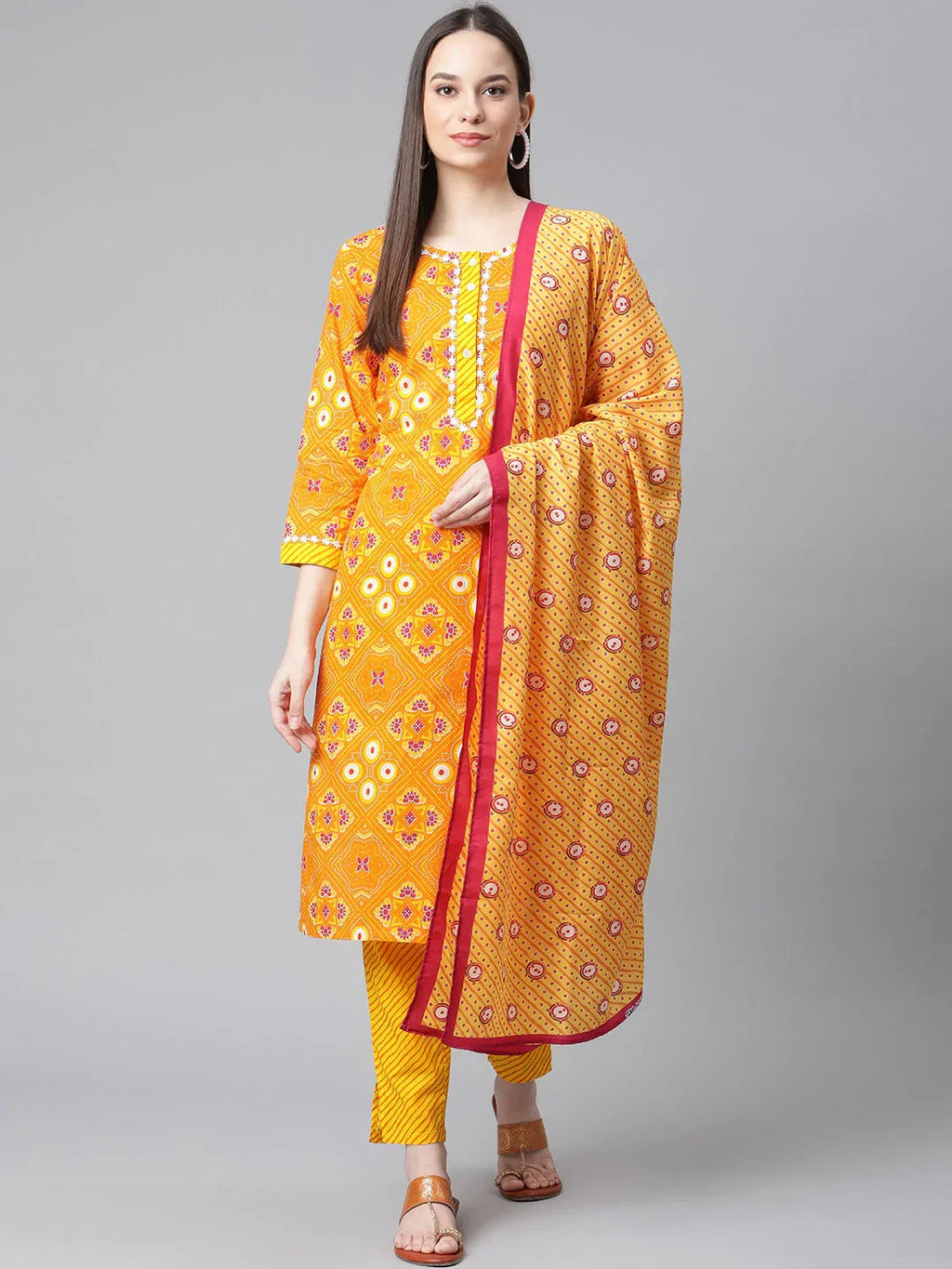 Jompers Women's Yellow & Pink Ethnic Motifs Printed Pure Cotton Kurta With Trousers & Dupatta