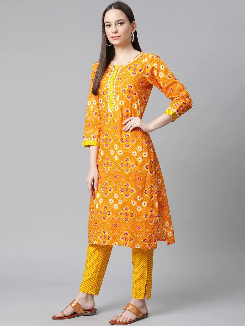 Jompers Women's Yellow & Pink Ethnic Motifs Printed Pure Cotton Kurta With Trousers & Dupatta