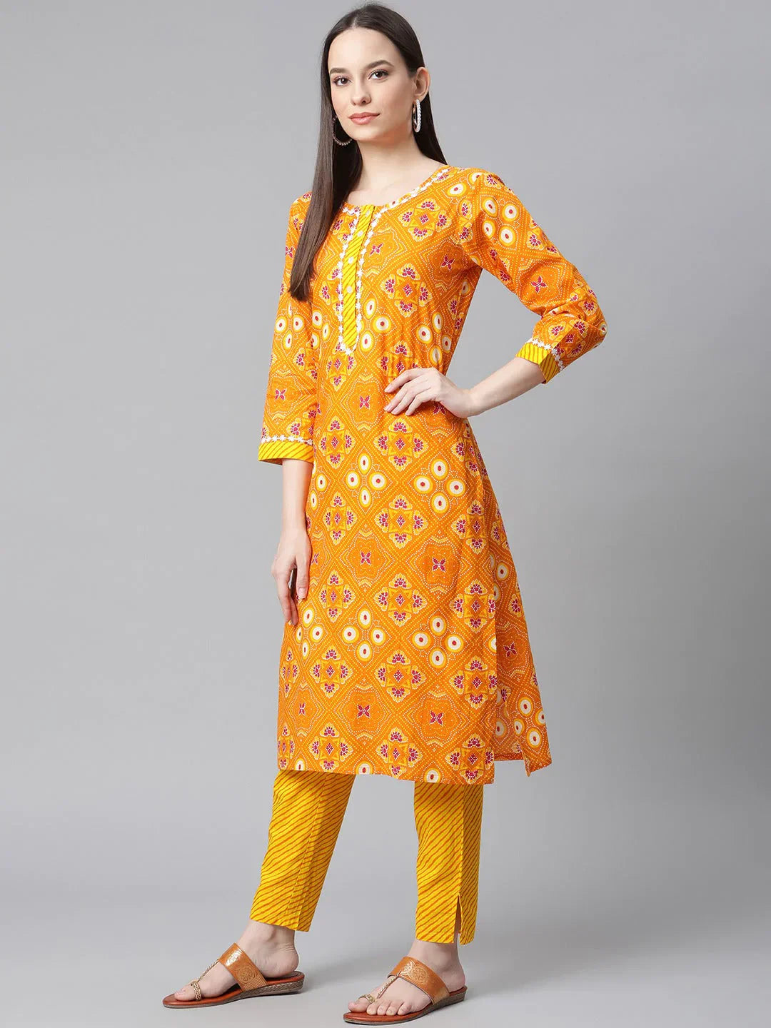 Jompers Women's Yellow & Pink Ethnic Motifs Printed Pure Cotton Kurta With Trousers & Dupatta