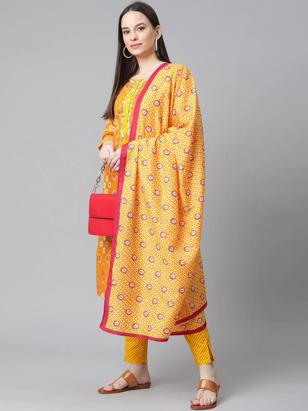 Jompers Women's Yellow & Pink Ethnic Motifs Printed Pure Cotton Kurta With Trousers & Dupatta