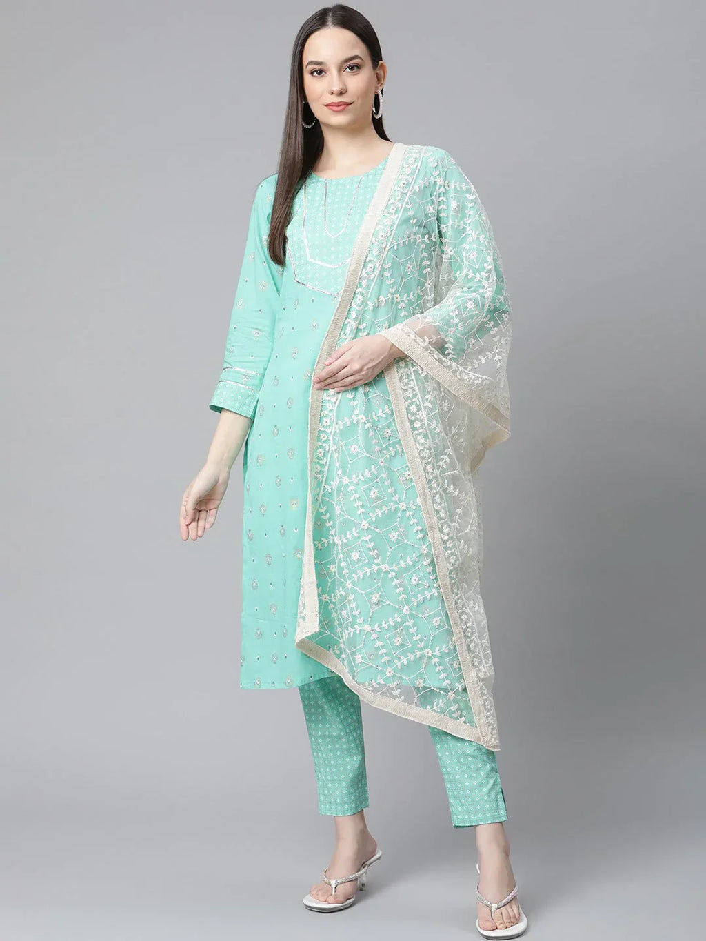 Jompers Women's Green Floral Printed Regular Pure Cotton Kurta with Trousers & With Dupatta