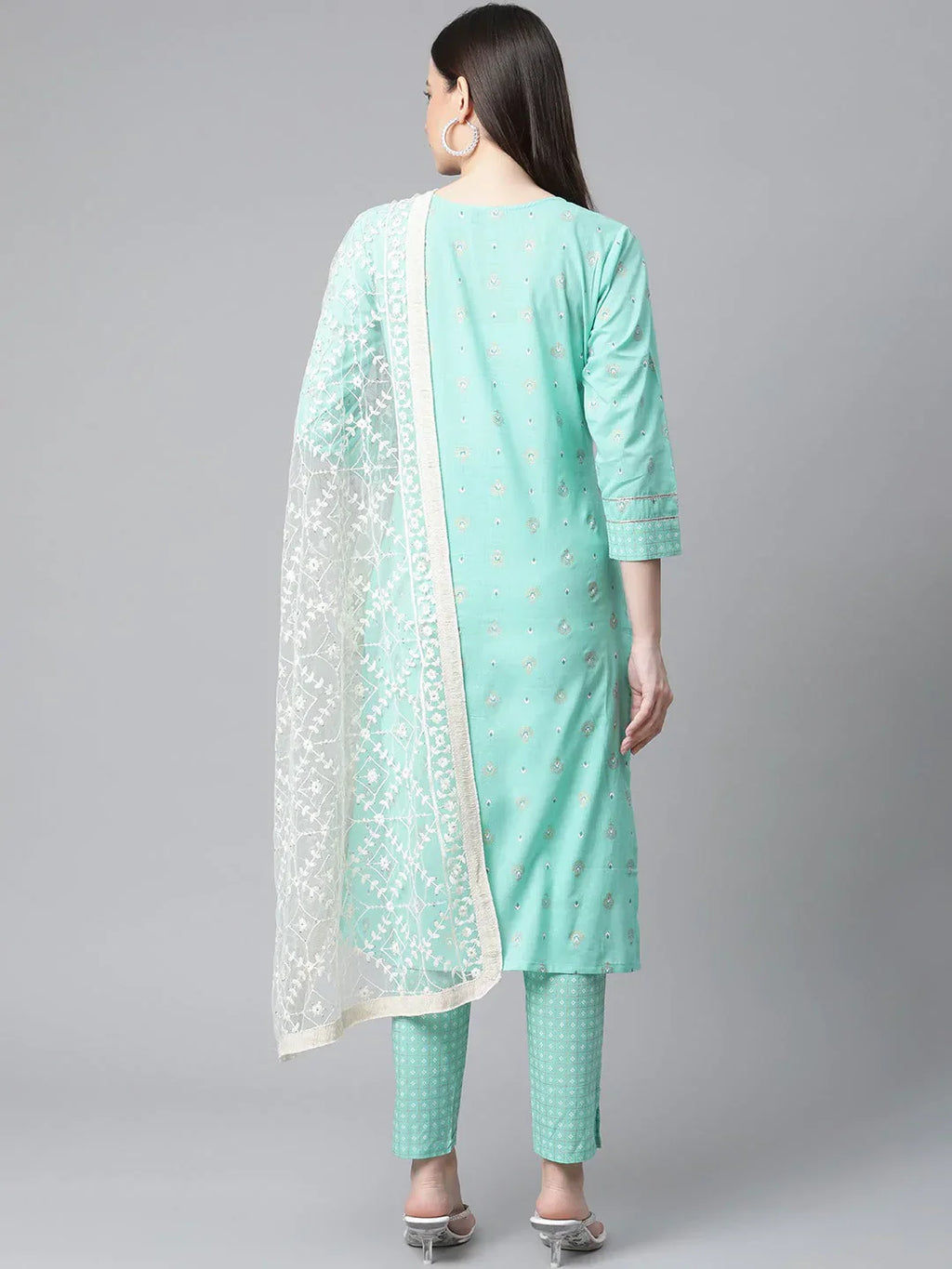 Jompers Women's Green Floral Printed Regular Pure Cotton Kurta with Trousers & With Dupatta
