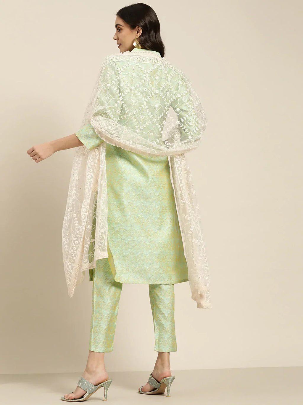 Jompers Women's Green Jacquard Woven Design Straight Kurta Trousers & Chikankari Dupatta