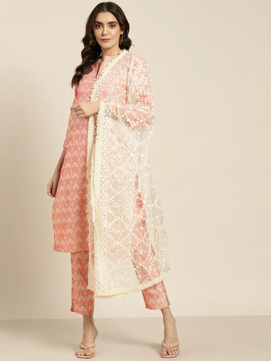 Jompers Women's Pink Jacquard Woven Design Straight Kurta Trousers & Chikankari Dupatta
