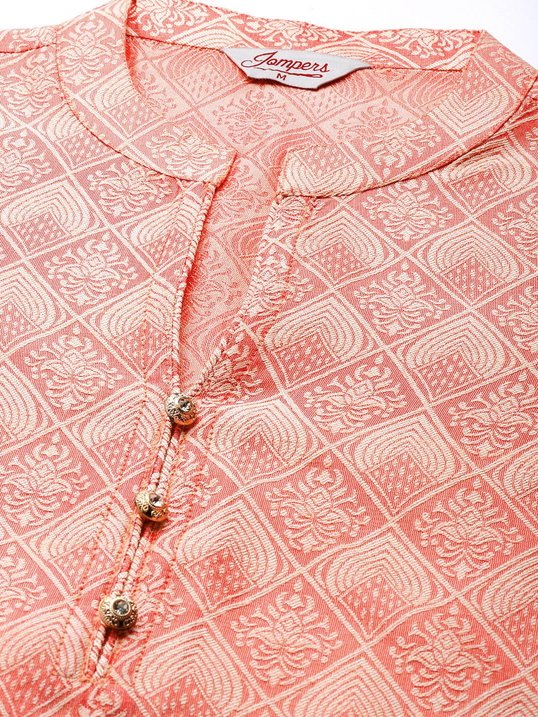 Jompers Women's Pink Jacquard Woven Design Straight Kurta Trousers & Chikankari Dupatta