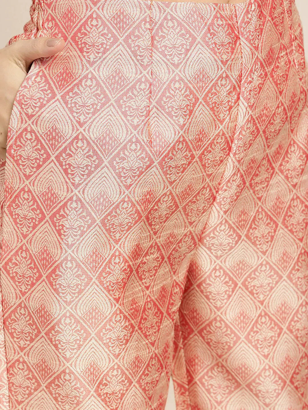 Jompers Women's Pink Jacquard Woven Design Straight Kurta Trousers & Chikankari Dupatta