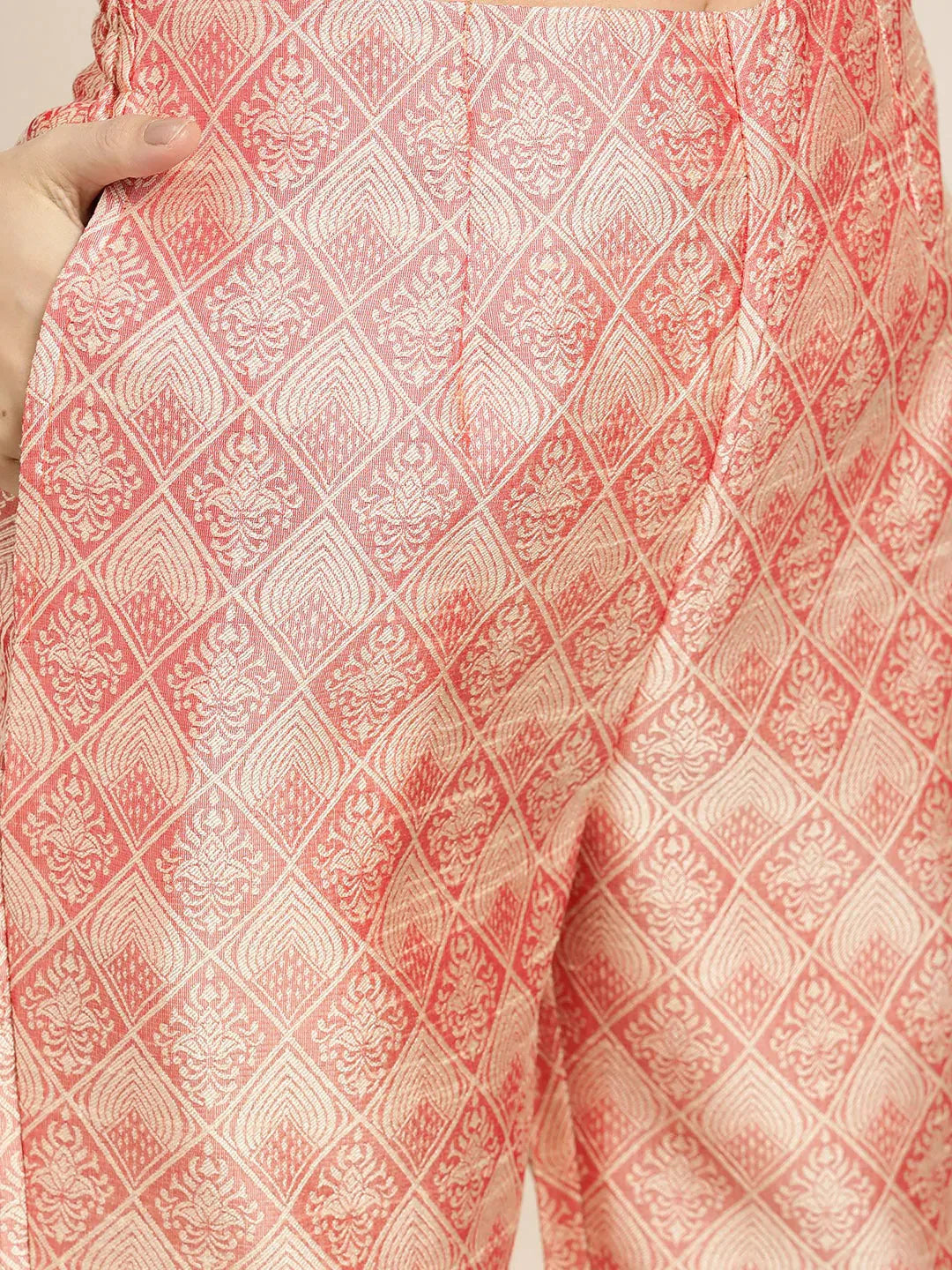 Jompers Women's Pink Jacquard Woven Design Straight Kurta Trousers & Chikankari Dupatta