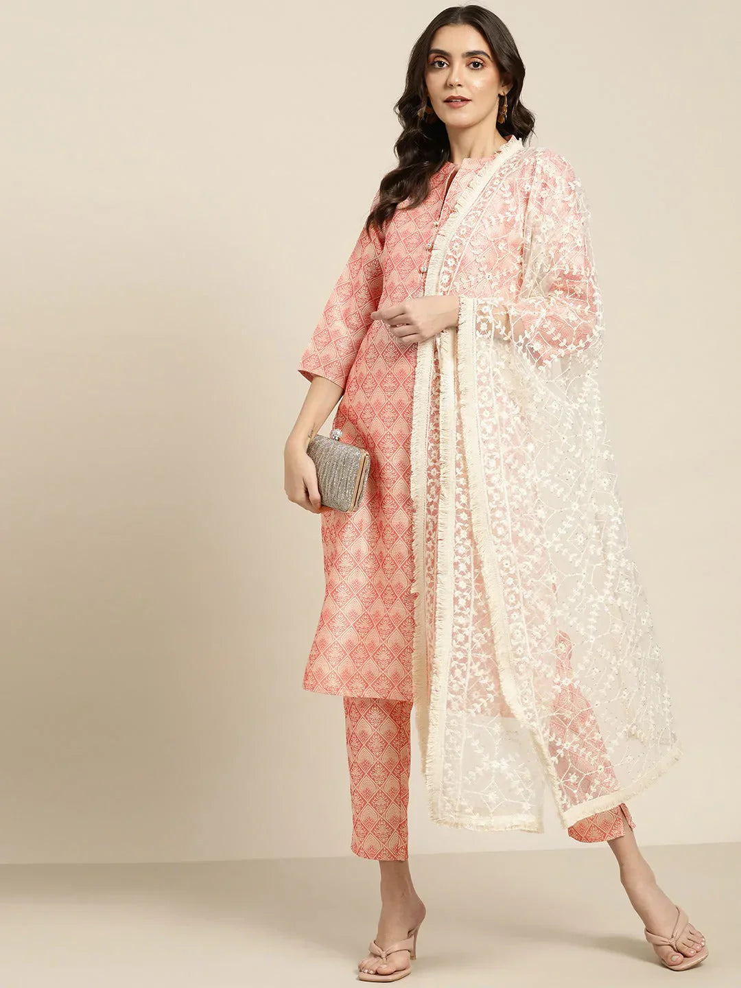 Jompers Women's Pink Jacquard Woven Design Straight Kurta Trousers & Chikankari Dupatta