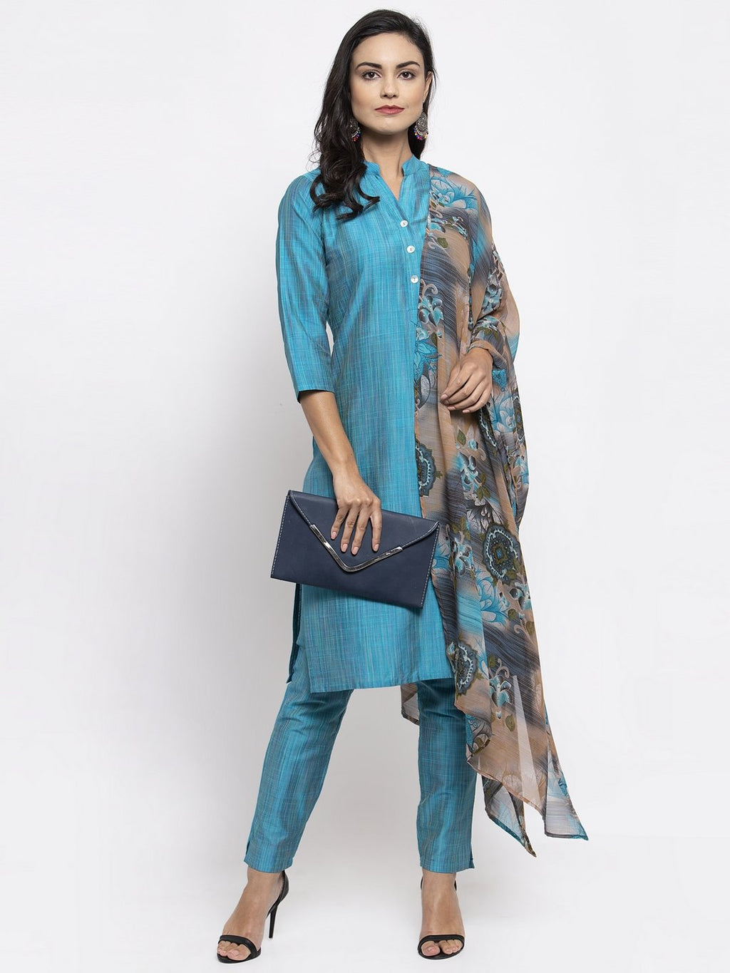 Jompers Women Blue & Green Self-Striped Kurta with Trousers & Printed Georgette Dupatta