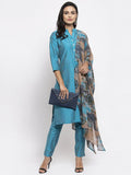 Jompers Women Blue & Green Self-Striped Kurta with Trousers & Printed Georgette Dupatta