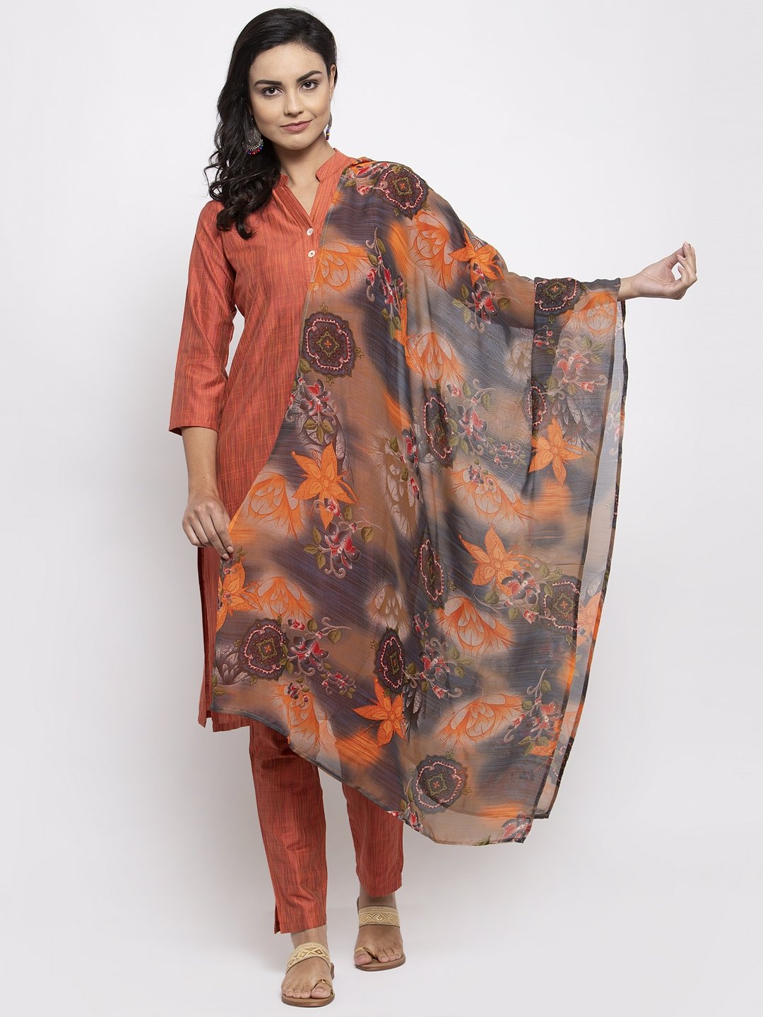 Jompers Women Orange Self-Striped Kurta with Trousers & Georgette Dupatta