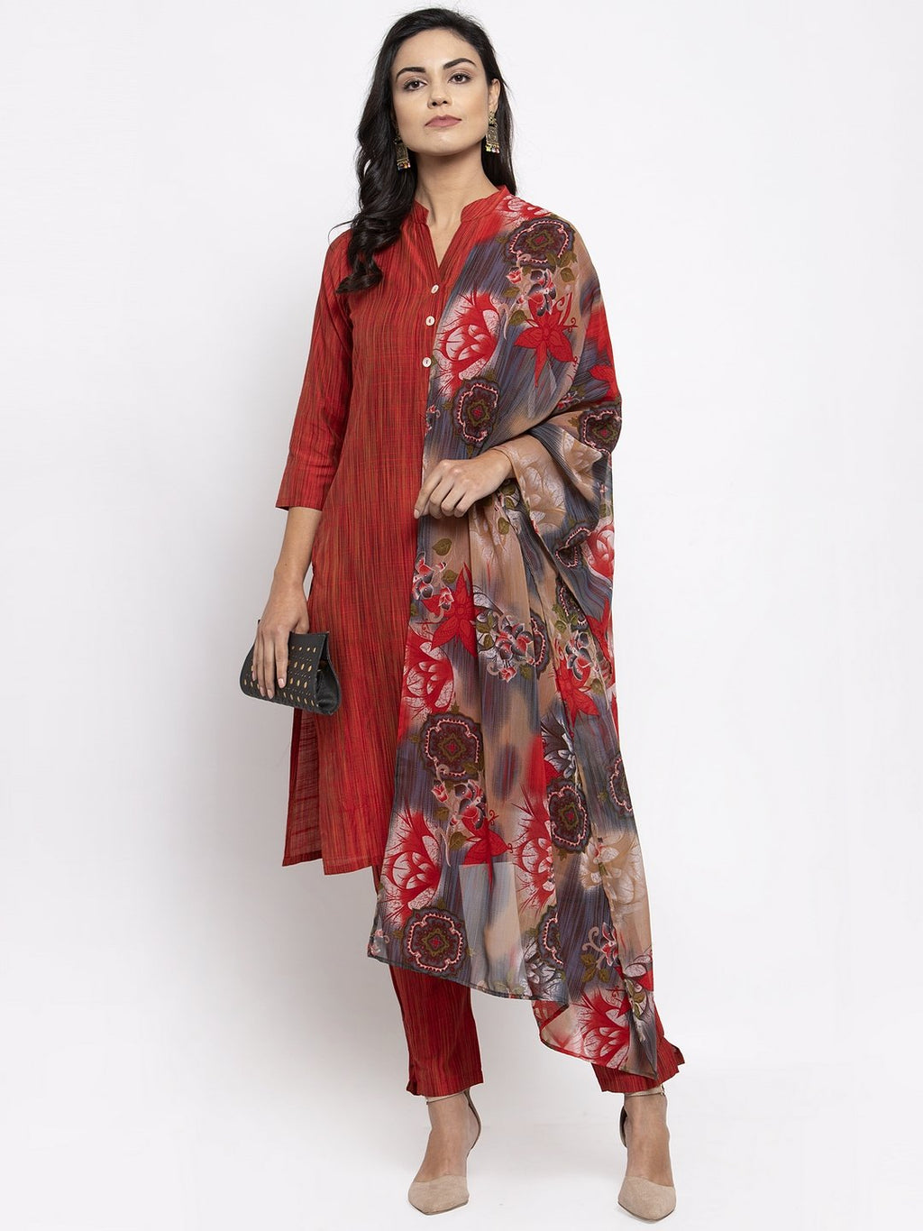 Jompers Women Red Self-Striped Kurta with Trousers & Georgette Dupatta