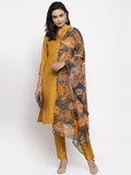 Jompers Women Yellow Self-Striped Kurta with Trousers & Gorgette Dupatta