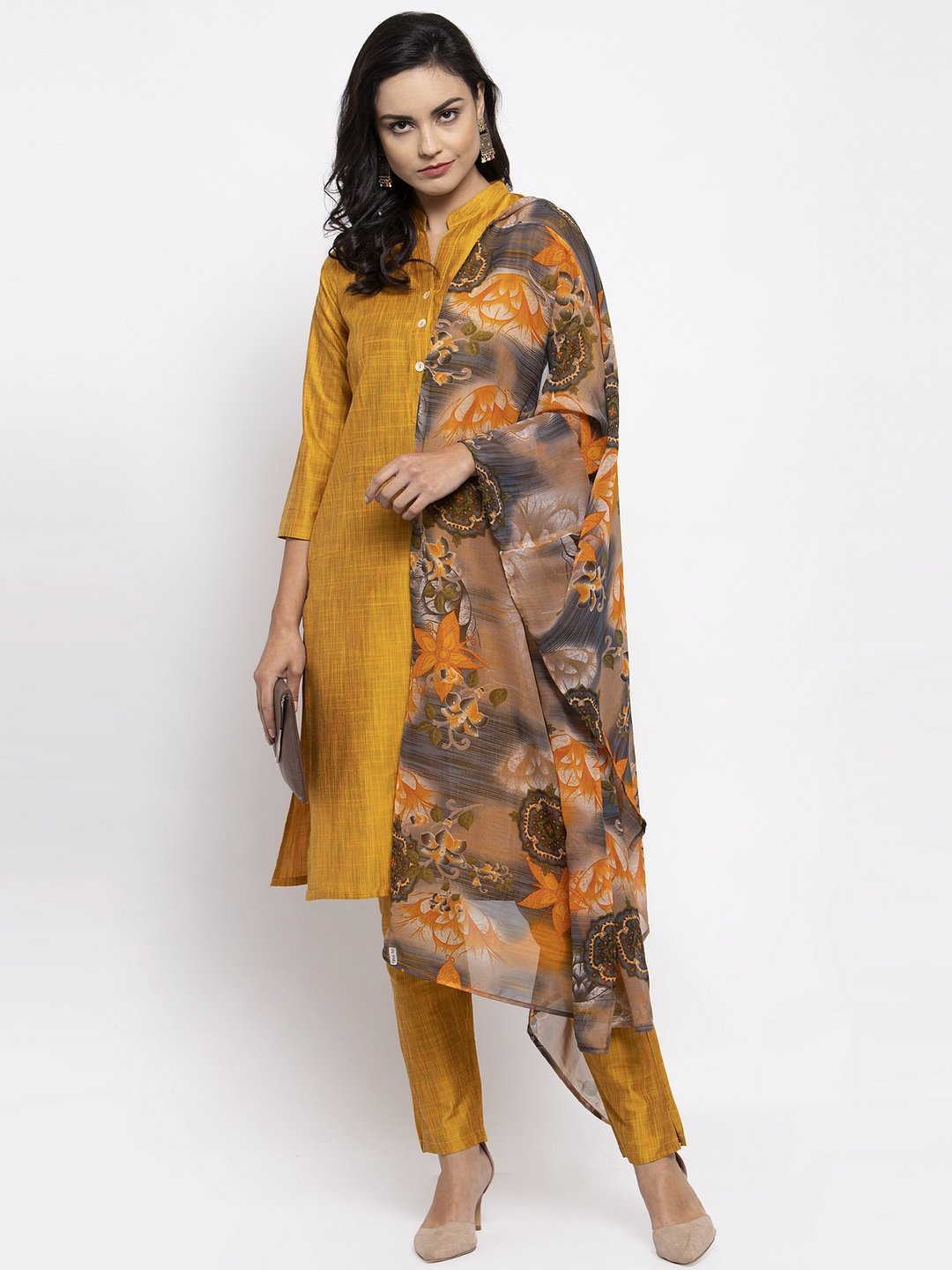 Jompers Women Yellow Self-Striped Kurta with Trousers & Gorgette Dupatta