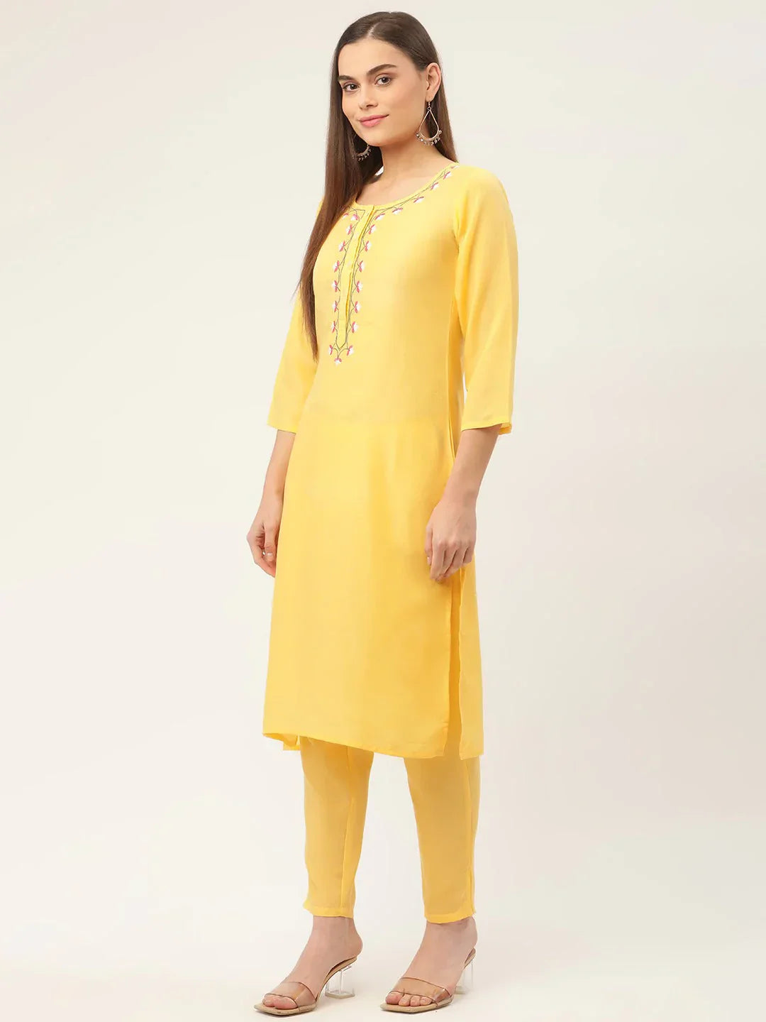 Jompers Women's Yellow Embroidered Regular Kurta with Trousers & With Dupatta
