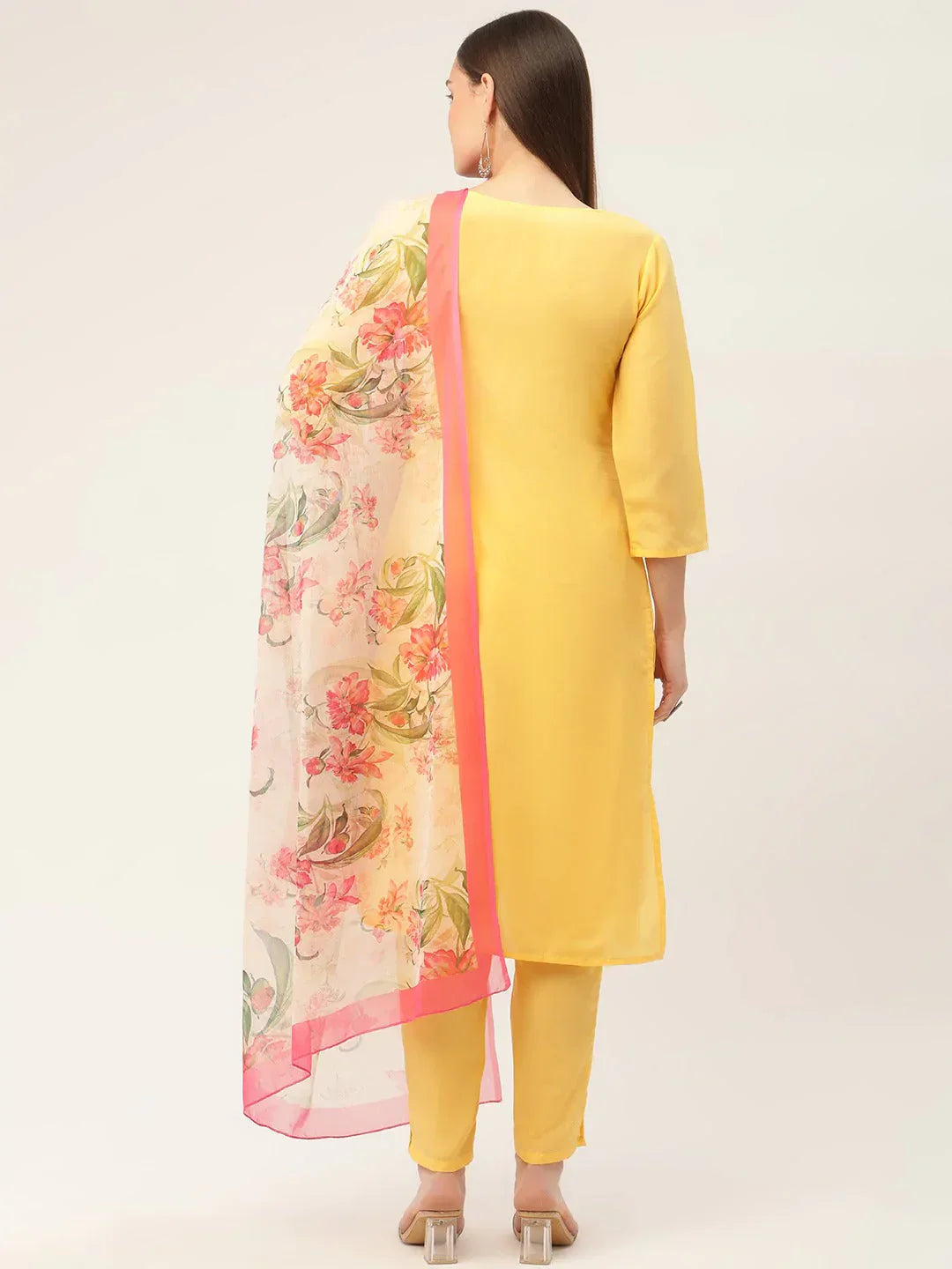 Jompers Women's Yellow Embroidered Regular Kurta with Trousers & With Dupatta