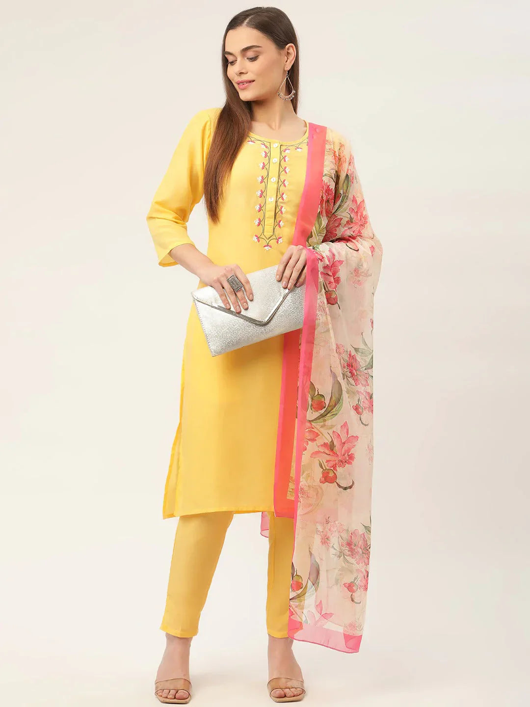 Jompers Women's Yellow Embroidered Regular Kurta with Trousers & With Dupatta