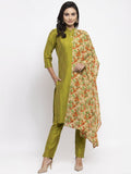 Jompers Women Green Self-Striped Kurta with Trousers & Floral Georgette Dupatta