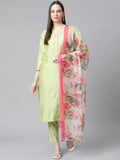 Jompers Women's Green Embroidered Regular Kurta with Trousers & With Dupatta