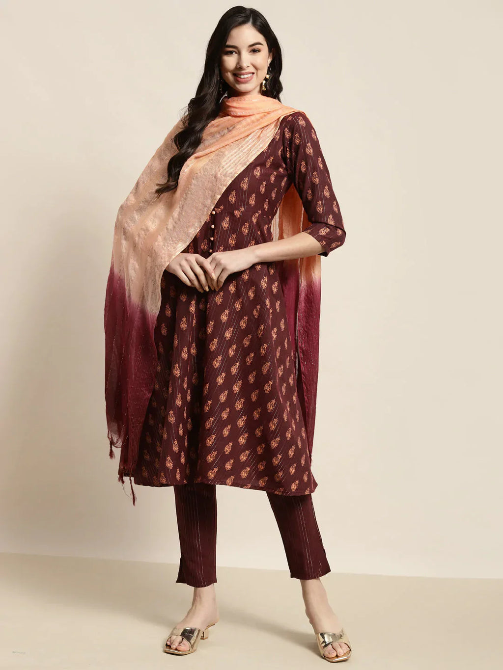 Jompers Women's Printed Kurta with Trousers & With Dupatta - Maroon