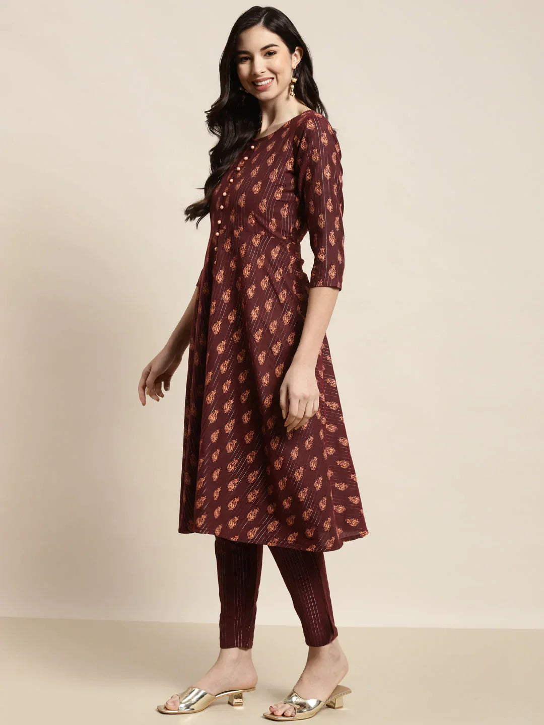 Jompers Women's Printed Kurta with Trousers & With Dupatta - Maroon