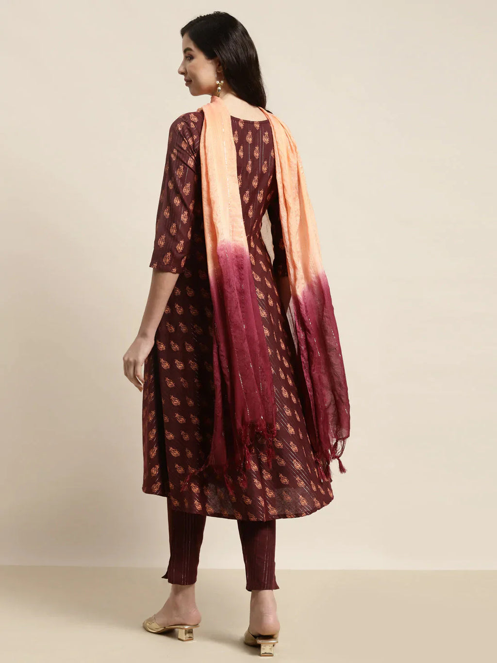 Jompers Women's Printed Kurta with Trousers & With Dupatta - Maroon