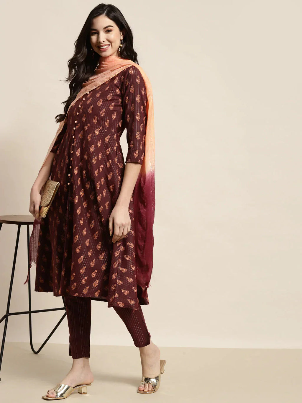Jompers Women's Printed Kurta with Trousers & With Dupatta - Maroon