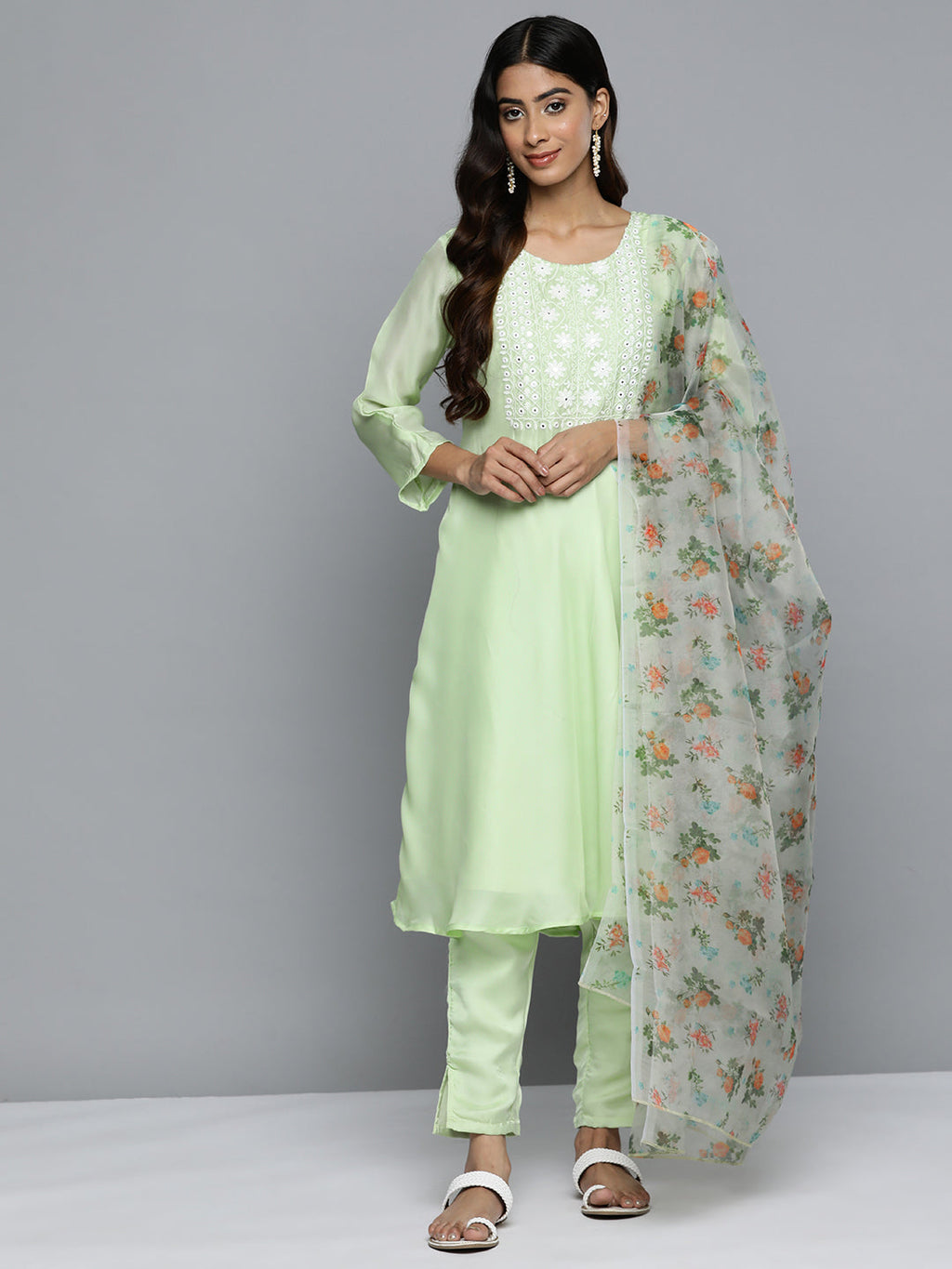 Jompers Women's Floral Embroidered Mirror Work Silk Georgette Kurta With Trousers & Dupatta - Lime