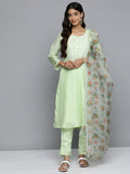 Jompers Women's Floral Embroidered Mirror Work Silk Georgette Kurta With Trousers & Dupatta - Lime