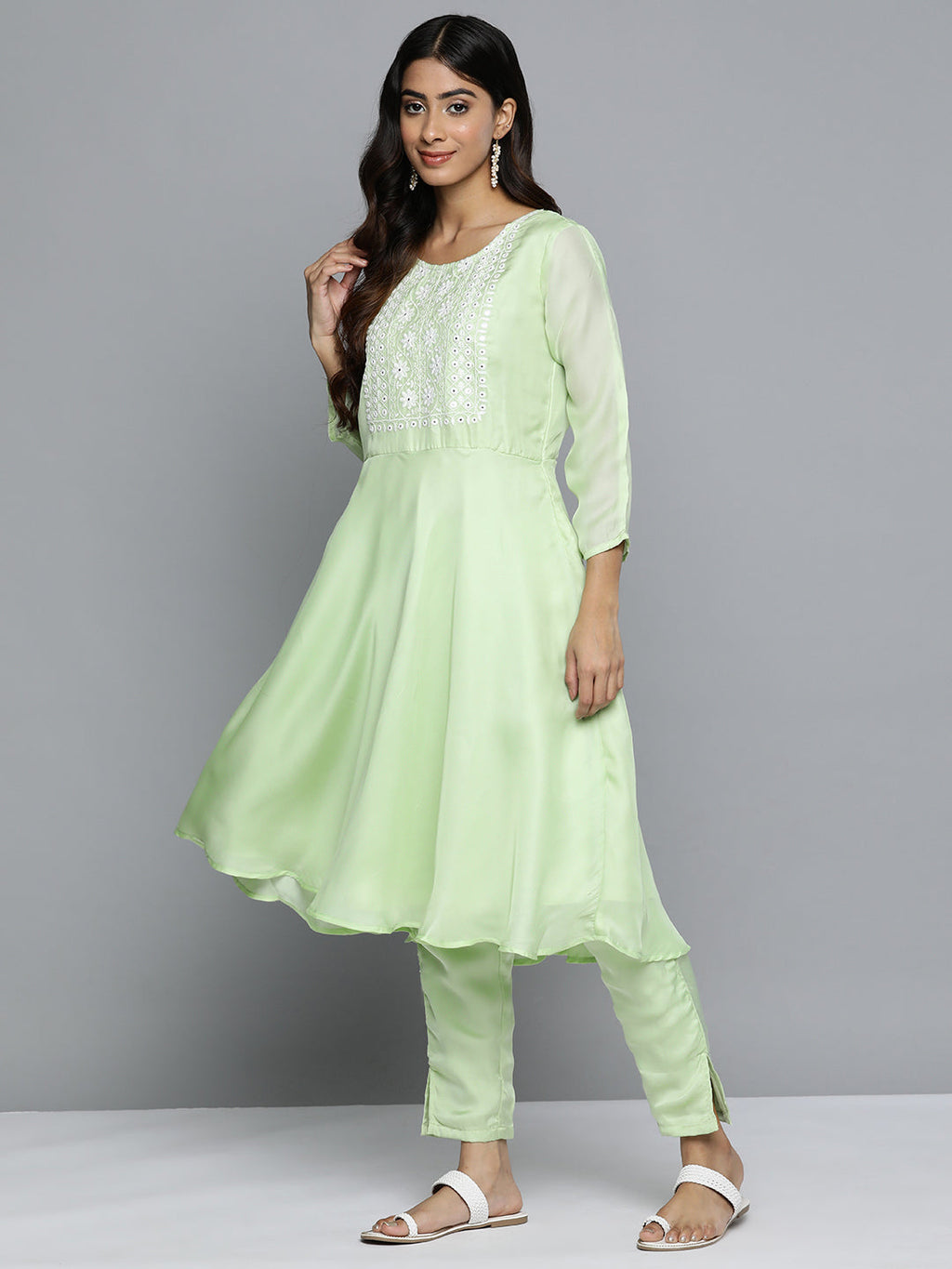 Jompers Women's Floral Embroidered Mirror Work Silk Georgette Kurta With Trousers & Dupatta - Lime