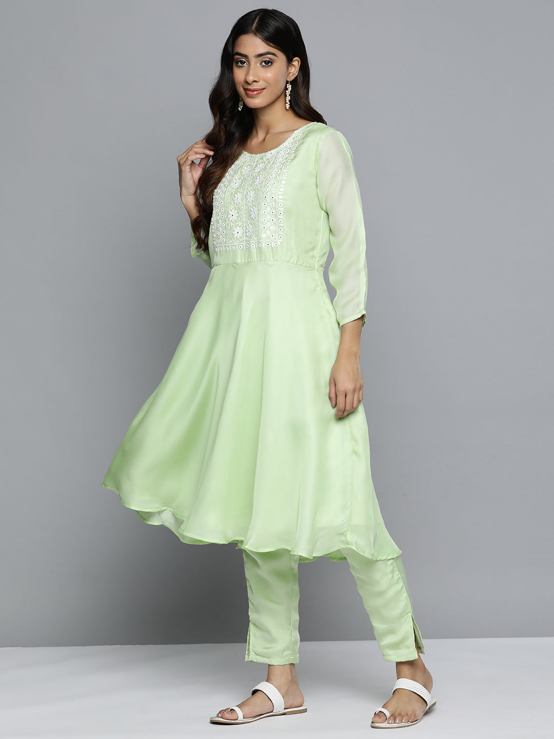 Jompers Women's Floral Embroidered Mirror Work Silk Georgette Kurta With Trousers & Dupatta - Lime