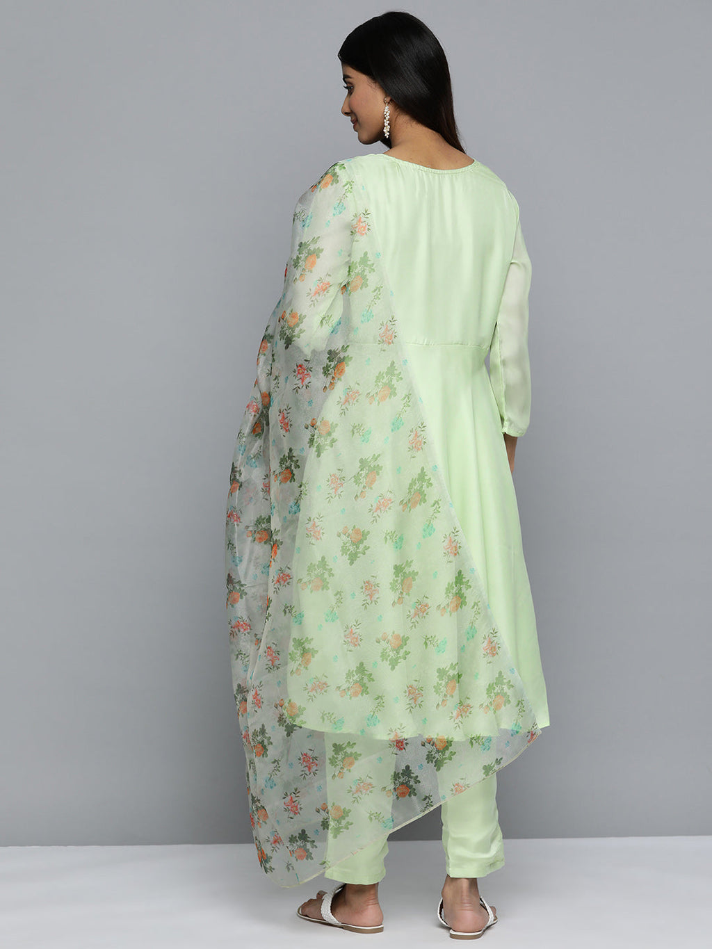 Jompers Women's Floral Embroidered Mirror Work Silk Georgette Kurta With Trousers & Dupatta - Lime