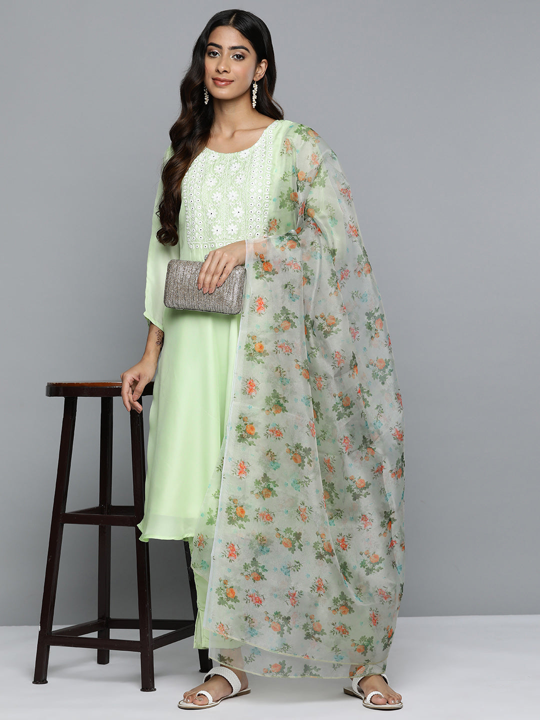 Jompers Women's Floral Embroidered Mirror Work Silk Georgette Kurta With Trousers & Dupatta - Lime
