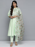 Jompers Women's Embroidered Mirror Work Kurta With Trousers & Dupatta - Green