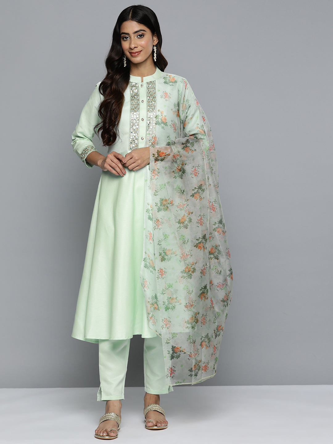 Jompers Women's Embroidered Mirror Work Kurta With Trousers & Dupatta - Green
