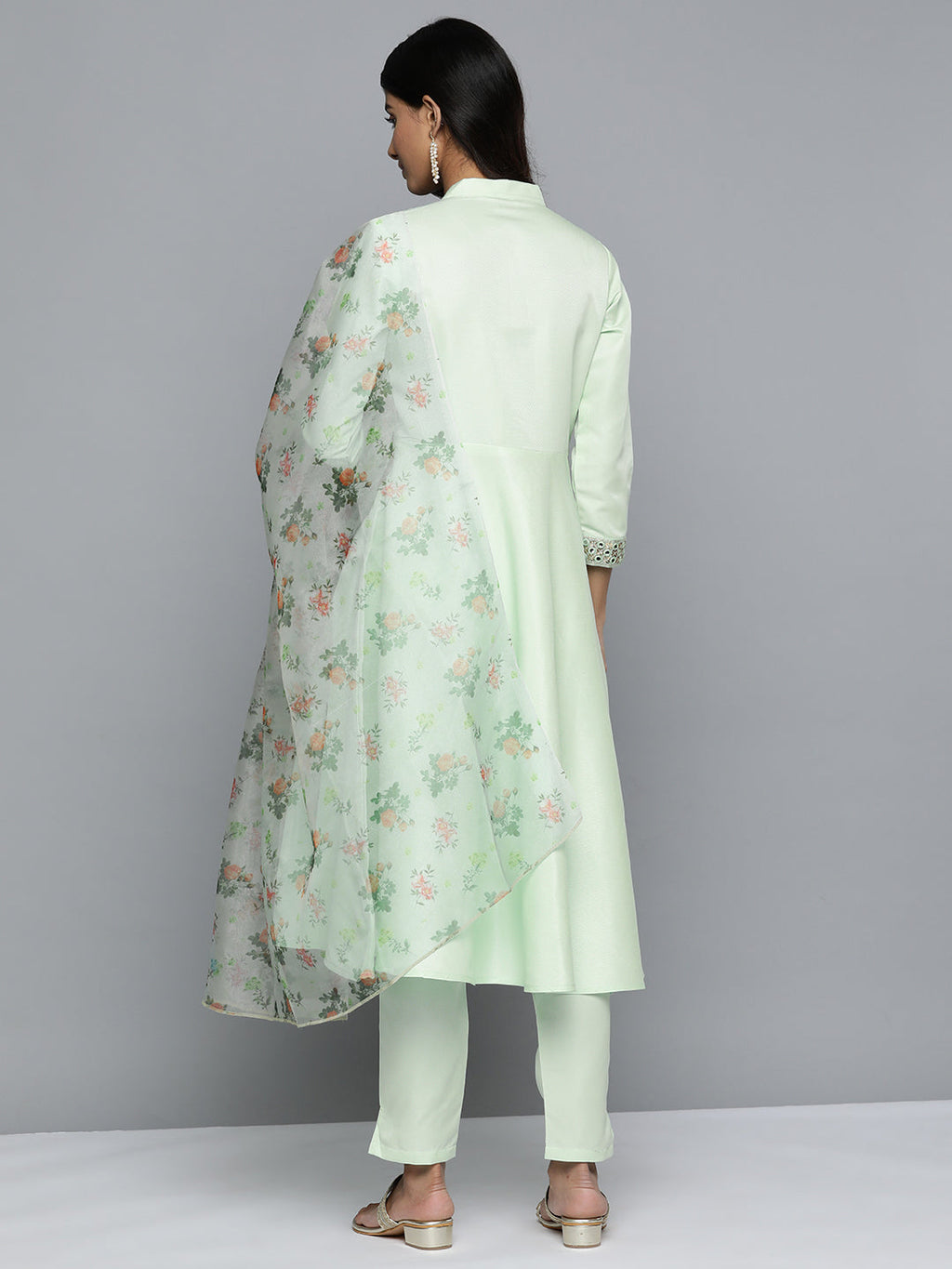 Jompers Women's Embroidered Mirror Work Kurta With Trousers & Dupatta - Green