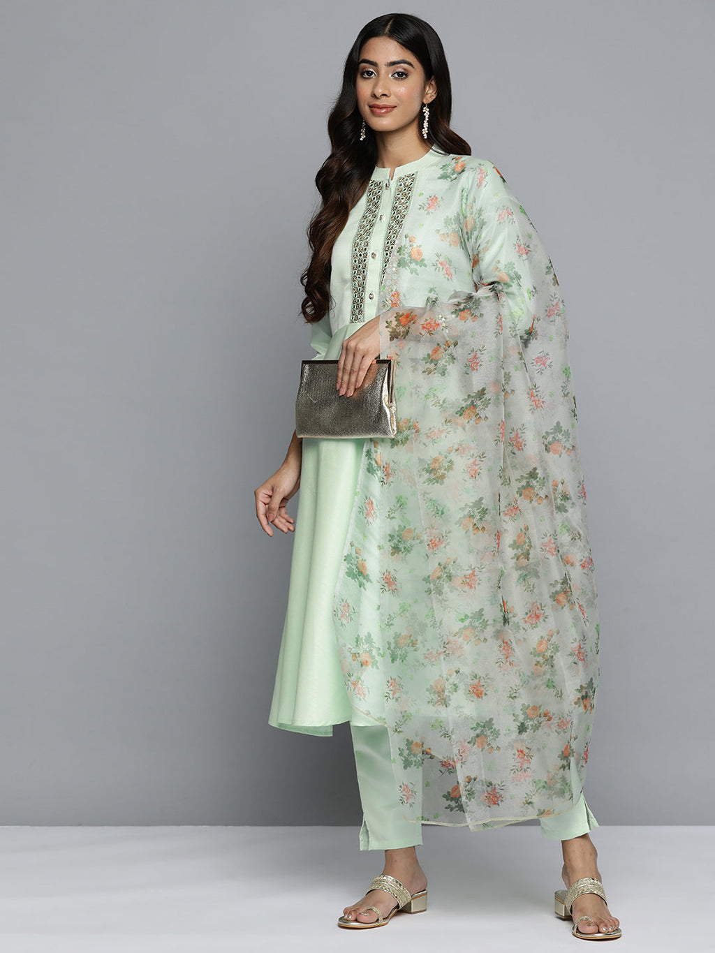 Jompers Women's Embroidered Mirror Work Kurta With Trousers & Dupatta - Green